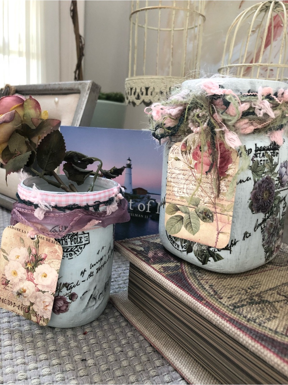 Handcrafted Floral Mason Jar Vases in Pale Green